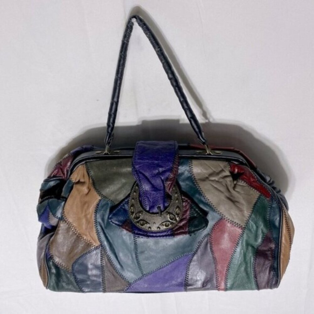 Vintage 90’s Multicolour Patchwork Leather Handbag Purse Shoulder Bag